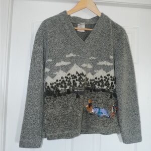 Disney Winnie the Pooh Gray V-Neck Sweater with Mountain Scene